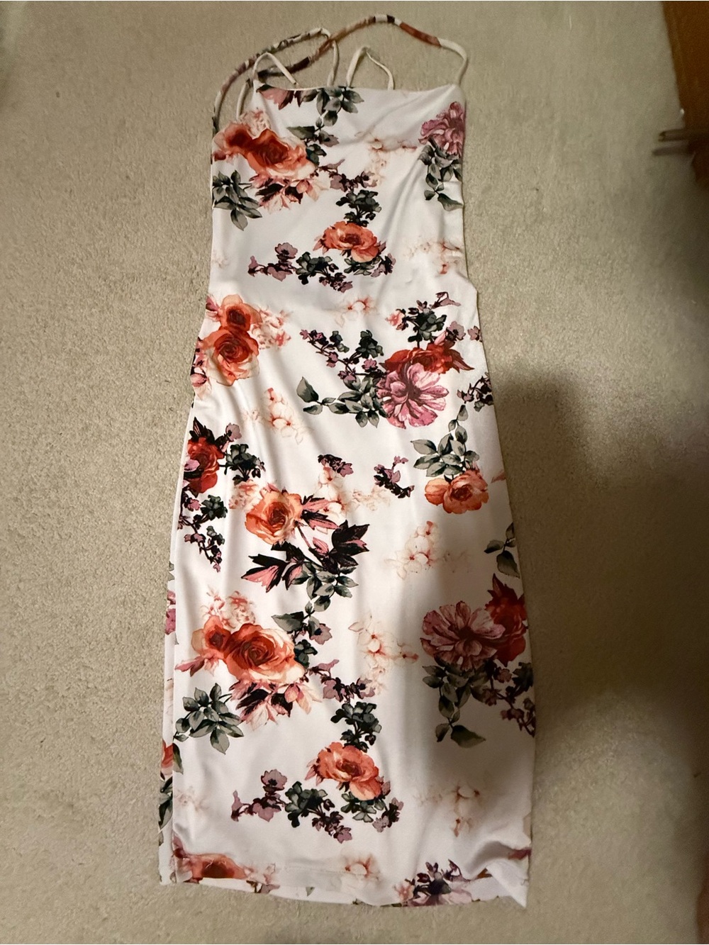 White Floral Backless Maxi Dress with Rose Print